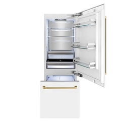 ZLINE 30-Inch Autograph Edition 16.1 cu. ft. Built-in 2-Door Bottom Freezer Refrigerator with Internal Water and Ice Dispenser in White Matte with Champagne Bronze Accents (RBIVZ-WM-30-CB)