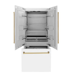 ZLINE 36-Inch Autograph Edition 19.6 cu. ft. Built-in 2-Door Bottom Freezer Refrigerator with Internal Water and Ice Dispenser in White Matte with Gold Accents (RBIVZ-WM-36-G)