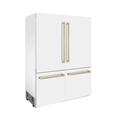 ZLINE 60-Inch Autograph Edition 32.2 cu. ft. Built-in 4-Door French Door Refrigerator with Internal Water and Ice Dispenser in White Matte with Champagne Bronze Accents (RBIVZ-WM-60-CB)