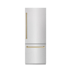 ZLINE Autograph Edition 30 in. 16.1 cu. ft. Built-In Bottom Freezer Refrigerator with Water Dispenser and Ice Maker in Satin Stainless Steel with Graphite Gray Interior and Champagne Bronze Accents - GRBIVZ-SN-30-CB - The Home Selection