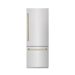 ZLINE Autograph Edition 30 in. 16.1 cu. ft. Built-In Bottom Freezer Refrigerator with Water Dispenser and Ice Maker in Satin Stainless Steel with Graphite Gray Interior and Polished Gold Accents - GRBIVZ-SN-30-G - The Home Selection