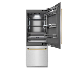 ZLINE Autograph Edition 30 in. 16.1 cu. ft. Built-In Bottom Freezer Refrigerator with Water Dispenser and Ice Maker in Satin Stainless Steel with Graphite Gray Interior and Polished Gold Accents - GRBIVZ-SN-30-G - The Home Selection