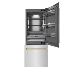 ZLINE Autograph Edition 30 in. 16.1 cu. ft. Built-In Bottom Freezer Refrigerator with Water Dispenser and Ice Maker in Satin Stainless Steel with Graphite Gray Interior and Polished Gold Accents - GRBIVZ-SN-30-G - The Home Selection