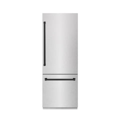 ZLINE Autograph Edition 30 in. 16.1 cu. ft. Built-In Bottom Freezer Refrigerator with Water Dispenser and Ice Maker in Satin Stainless Steel with Graphite Gray Interior and Matte Black Accents - GRBIVZ-SN-30-MB - The Home Selection