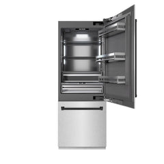 ZLINE Autograph Edition 30 in. 16.1 cu. ft. Built-In Bottom Freezer Refrigerator with Water Dispenser and Ice Maker in Satin Stainless Steel with Graphite Gray Interior and Matte Black Accents - GRBIVZ-SN-30-MB - The Home Selection