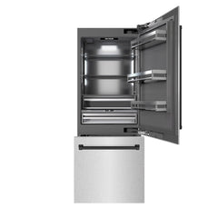 ZLINE Autograph Edition 30 in. 16.1 cu. ft. Built-In Bottom Freezer Refrigerator with Water Dispenser and Ice Maker in Satin Stainless Steel with Graphite Gray Interior and Matte Black Accents - GRBIVZ-SN-30-MB - The Home Selection