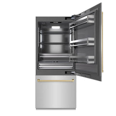 ZLINE Autograph Edition 36 in. 19.8 cu. ft. Built-In Bottom Freezer Refrigerator with Water Dispenser and Ice Maker in Stainless Steel with Graphite Gray Interior - GRBITZ-304-36