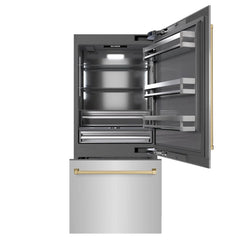 ZLINE Autograph Edition 36 in. 19.8 cu. ft. Built-In Bottom Freezer Refrigerator with Water Dispenser and Ice Maker in Stainless Steel with Graphite Gray Interior - GRBITZ-304-36