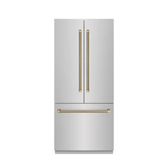 ZLINE Autograph Edition 36 in. 19.6 cu. ft. French Door Built-In Bottom Freezer Refrigerator with Water Dispenser and Ice Maker in Stainless Steel with Graphite Gray Interior and Helix Handles - GRBIVZ-30436K