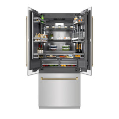 ZLINE Autograph Edition 36 in. 19.6 cu. ft. French Door Built-In Bottom Freezer Refrigerator with Water Dispenser and Ice Maker in Stainless Steel with Graphite Gray Interior and Helix Handles - GRBIVZ-30436K