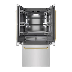 ZLINE Autograph Edition 36 in. 19.6 cu. ft. French Door Built-In Bottom Freezer Refrigerator with Water Dispenser and Ice Maker in Stainless Steel with Graphite Gray Interior and Helix Handles - GRBIVZ-30436K