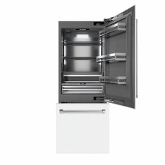 ZLINE Autograph Edition 30 in. 16.1 cu. ft. Built-In Bottom Freezer Refrigerator with Water Dispenser and Ice Maker in White Matte with Accents