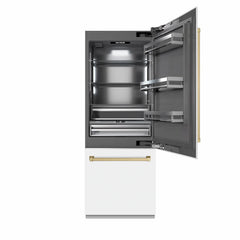 ZLINE Autograph Edition 30 in. 16.1 cu. ft. Built-In Bottom Freezer Refrigerator with Water Dispenser and Ice Maker in White Matte with Accents