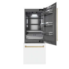 ZLINE Autograph Edition 30 in. 16.1 cu. ft. Built-In Bottom Freezer Refrigerator with Water Dispenser and Ice Maker in White Matte with Accents