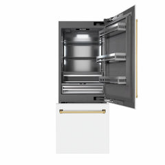 ZLINE Autograph Edition 30 in. 16.1 cu. ft. Built-In Bottom Freezer Refrigerator with Water Dispenser and Ice Maker in White Matte with Accents