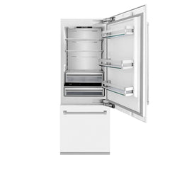ZLINE Autograph Edition 30 in. 16.1 cu. ft. Built-In Bottom Freezer Refrigerator with Water Dispenser and Ice Maker in White Matte with Accents