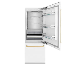 ZLINE Autograph Edition 30 in. 16.1 cu. ft. Built-In Bottom Freezer Refrigerator with Water Dispenser and Ice Maker in White Matte with Accents