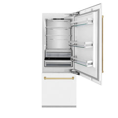 ZLINE Autograph Edition 30 in. 16.1 cu. ft. Built-In Bottom Freezer Refrigerator with Water Dispenser and Ice Maker in White Matte with Accents