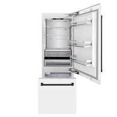 ZLINE Autograph Edition 30 in. 16.1 cu. ft. Built-In Bottom Freezer Refrigerator with Water Dispenser and Ice Maker in White Matte with Accents