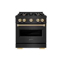 ZLINE Autograph Edition 30 in. 4.2 cu. ft. Classic Gas Range with 4 Burner Cooktop and Convection Gas Oven in Black Stainless Steel and Champagne Bronze Accents