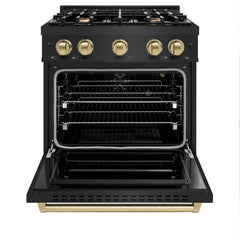 ZLINE Autograph Edition 30 in. 4.2 cu. ft. Classic Gas Range with 4 Burner Cooktop and Convection Gas Oven in Black Stainless Steel and Champagne Bronze Accents