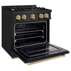 ZLINE Autograph Edition 30 in. 4.2 cu. ft. Classic Gas Range with 4 Burner Cooktop and Convection Gas Oven in Black Stainless Steel and Champagne Bronze Accents
