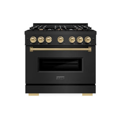 ZLINE Autograph Edition 36 in. 5.2 cu. ft. Classic Gas Range with 6 Burner Cooktop and Convection Gas Oven in Black Stainless Steel and Champagne Bronze Accents - CGRBZ-36-CB - The Home Selection