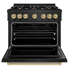ZLINE Autograph Edition 36 in. 5.2 cu. ft. Classic Gas Range with 6 Burner Cooktop and Convection Gas Oven in Black Stainless Steel and Champagne Bronze Accents - CGRBZ-36-CB - The Home Selection