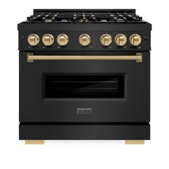 ZLINE Autograph Edition 36 in. 5.2 cu. ft. Classic Gas Range with 6 Burner Cooktop and Convection Gas Oven in Black Stainless Steel and Champagne Bronze Accents - CGRBZ-36-CB - The Home Selection