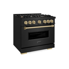 ZLINE Autograph Edition 36 in. 5.2 cu. ft. Classic Gas Range with 6 Burner Cooktop and Convection Gas Oven in Black Stainless Steel and Champagne Bronze Accents - CGRBZ-36-CB - The Home Selection