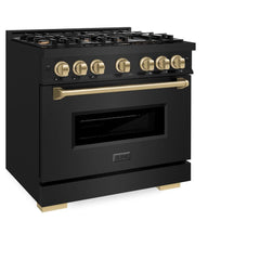 ZLINE Autograph Edition 36 in. 5.2 cu. ft. Classic Gas Range with 6 Burner Cooktop and Convection Gas Oven in Black Stainless Steel and Champagne Bronze Accents - CGRBZ-36-CB - The Home Selection