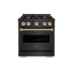 ZLINE Autograph Edition 30 in. 4.2 cu. ft. Classic Gas Range with 4 Burner Cooktop and Convection Gas Oven in Black Stainless Steel and Polished Gold Accents - CGRBZ-30-G - The Home Selection