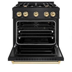 ZLINE Autograph Edition 30 in. 4.2 cu. ft. Classic Gas Range with 4 Burner Cooktop and Convection Gas Oven in Black Stainless Steel and Polished Gold Accents - CGRBZ-30-G - The Home Selection