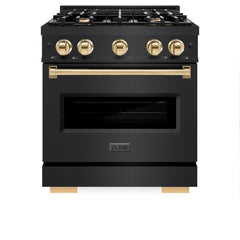 ZLINE Autograph Edition 30 in. 4.2 cu. ft. Classic Gas Range with 4 Burner Cooktop and Convection Gas Oven in Black Stainless Steel and Polished Gold Accents - CGRBZ-30-G - The Home Selection