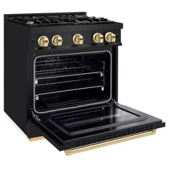 ZLINE Autograph Edition 30 in. 4.2 cu. ft. Classic Gas Range with 4 Burner Cooktop and Convection Gas Oven in Black Stainless Steel and Polished Gold Accents - CGRBZ-30-G - The Home Selection