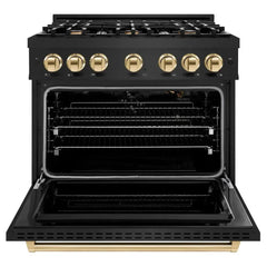 ZLINE Autograph Edition 36 in. 5.2 cu. ft. Classic Gas Range with 6 Burner Cooktop and Convection Gas Oven in Black Stainless Steel and Polished Gold Accents - CGRBZ-36-G - The Home Selection
