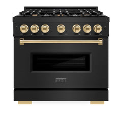 ZLINE Autograph Edition 36 in. 5.2 cu. ft. Classic Gas Range with 6 Burner Cooktop and Convection Gas Oven in Black Stainless Steel and Polished Gold Accents - CGRBZ-36-G - The Home Selection