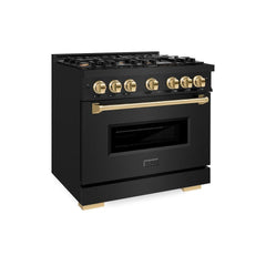 ZLINE Autograph Edition 36 in. 5.2 cu. ft. Classic Gas Range with 6 Burner Cooktop and Convection Gas Oven in Black Stainless Steel and Polished Gold Accents - CGRBZ-36-G - The Home Selection