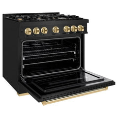 ZLINE Autograph Edition 36 in. 5.2 cu. ft. Classic Gas Range with 6 Burner Cooktop and Convection Gas Oven in Black Stainless Steel and Polished Gold Accents - CGRBZ-36-G - The Home Selection