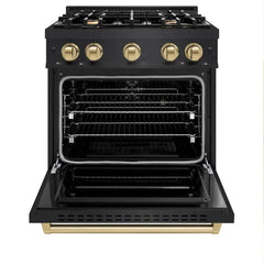 ZLINE Autograph Edition 30 in. 4.2 cu. ft. Classic Dual Fuel Range with 4 Burner Gas Cooktop and Electric Convection Oven in Black Stainless Steel with Champagne Bronze Accents - CDRBZ-30-CB - The Home Selection