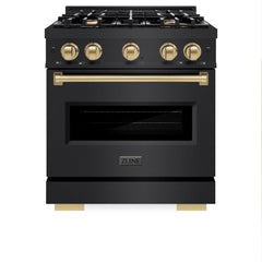 ZLINE Autograph Edition 30 in. 4.2 cu. ft. Classic Dual Fuel Range with 4 Burner Gas Cooktop and Electric Convection Oven in Black Stainless Steel with Champagne Bronze Accents - CDRBZ-30-CB - The Home Selection