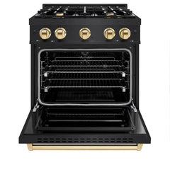 ZLINE Autograph Edition 30 in. 4.2 cu. ft. Classic Dual Fuel Range with 4 Burner Gas Cooktop and Electric Convection Oven in Black Stainless Steel with Polished Gold Accents - CDRBZ-30-G - The Home Selection