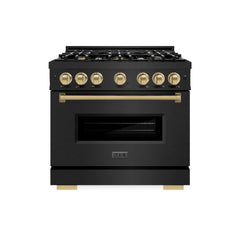 ZLINE Autograph Edition 36 in. 5.2 cu. ft. Classic Dual Fuel Range with 6 Burner Gas Cooktop and Electric Convection Oven in Black Stainless Steel with Champagne Bronze Accents - CDRBZ-36-CB - The Home Selection