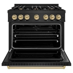 ZLINE Autograph Edition 36 in. 5.2 cu. ft. Classic Dual Fuel Range with 6 Burner Gas Cooktop and Electric Convection Oven in Black Stainless Steel with Champagne Bronze Accents - CDRBZ-36-CB - The Home Selection