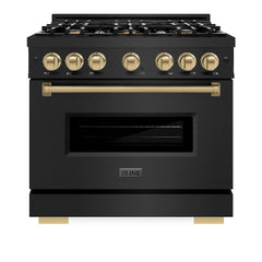 ZLINE Autograph Edition 36 in. 5.2 cu. ft. Classic Dual Fuel Range with 6 Burner Gas Cooktop and Electric Convection Oven in Black Stainless Steel with Champagne Bronze Accents - CDRBZ-36-CB - The Home Selection