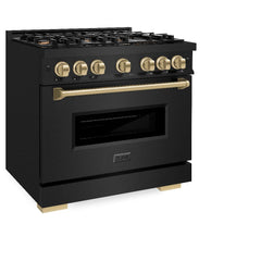 ZLINE Autograph Edition 36 in. 5.2 cu. ft. Classic Dual Fuel Range with 6 Burner Gas Cooktop and Electric Convection Oven in Black Stainless Steel with Champagne Bronze Accents - CDRBZ-36-CB - The Home Selection
