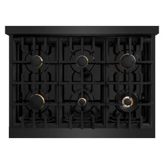 ZLINE Autograph Edition 36 in. 5.2 cu. ft. Classic Dual Fuel Range with 6 Burner Gas Cooktop and Electric Convection Oven in Black Stainless Steel with Champagne Bronze Accents - CDRBZ-36-CB - The Home Selection