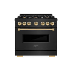 ZLINE Autograph Edition 36 in. 5.2 cu. ft. Classic Dual Fuel Range with 6 Burner Gas Cooktop and Electric Convection Oven in Black Stainless Steel with Polished Gold Accents - CDRBZ-36-G - The Home Selection