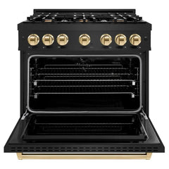 ZLINE Autograph Edition 36 in. 5.2 cu. ft. Classic Dual Fuel Range with 6 Burner Gas Cooktop and Electric Convection Oven in Black Stainless Steel with Polished Gold Accents - CDRBZ-36-G - The Home Selection