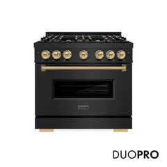 ZLINE Autograph Edition 36 in. 5.2 cu. ft. Classic Dual Fuel Range with 6 Burner DuoPro™ Cooktop and Electric Convection Oven in Black Stainless Steel and Champagne Bronze Accents - PCDRBZ-36-CB - The Home Selection